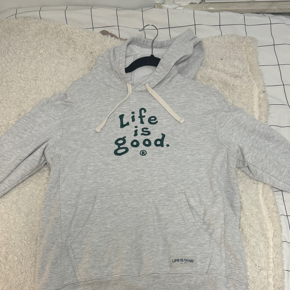 Life Is Good Light Gray Hoodie with Green Logo (barely worn)
